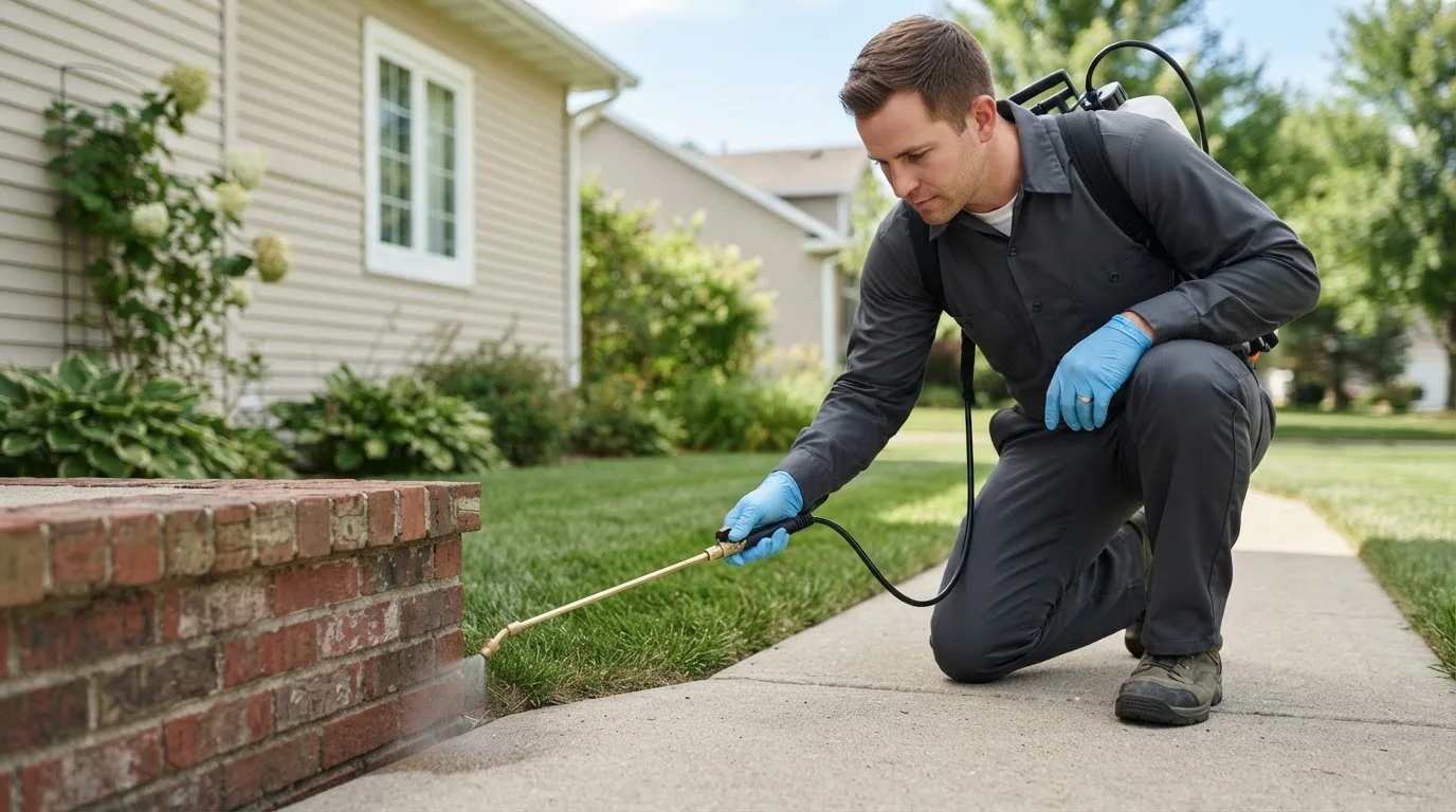 Pest control technician treating a home near Carl Junction, MO